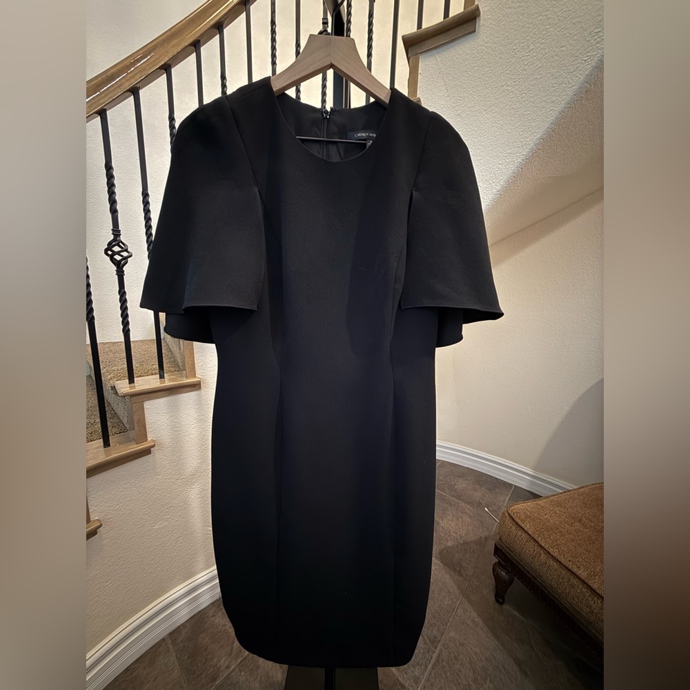 Carmen Marc Valvo Black Midi Dress | Elegant Cape Sleeves | Executive Chic